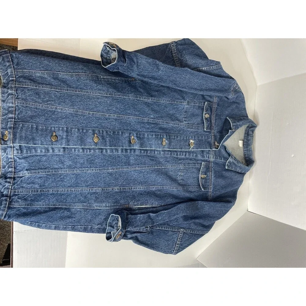 Vintage Hovis Heartland Jeans Denim Trench Coat Duster Women Medium Blue Buttons - Picture 6 of 9